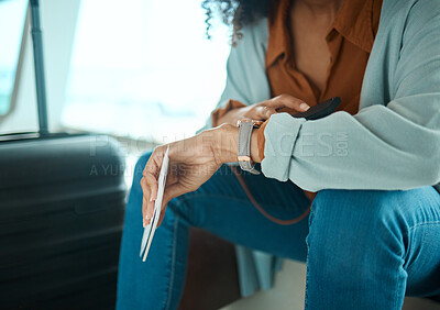 Buy stock photo Black woman, travel and check time, airport and wait to board flight with watch, plan ticket and luggage. Ready for adventure, traveller and vacation with airplane transportation and holiday abroad