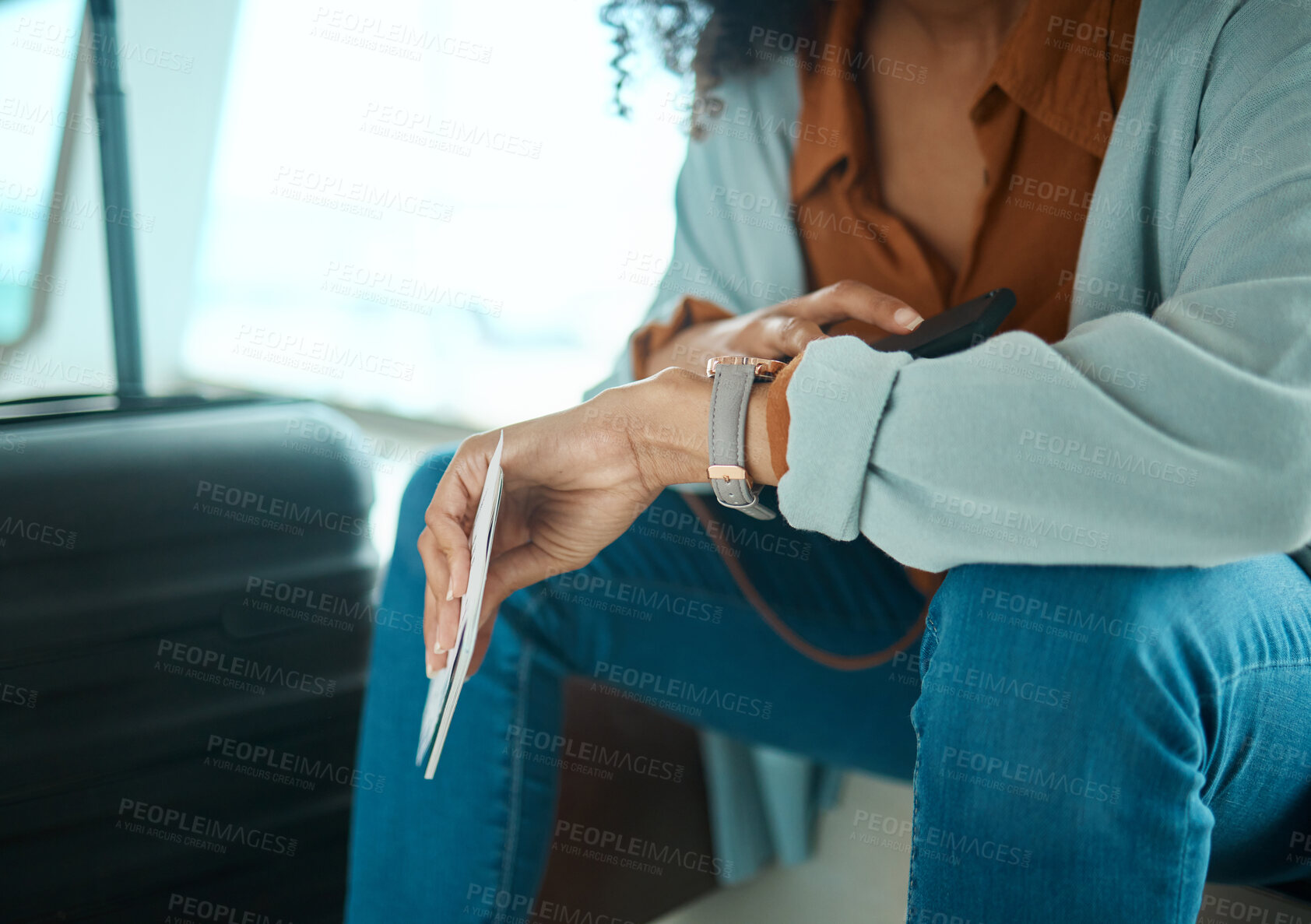 Buy stock photo Black woman, travel and check time, airport and wait to board flight with watch, plan ticket and luggage. Ready for adventure, traveller and vacation with airplane transportation and holiday abroad