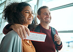 Travel, airport and couple with ticket boarding international flight for happy holiday destination together. Smile, black woman and man with visa for travelling to foreign country for immigration.