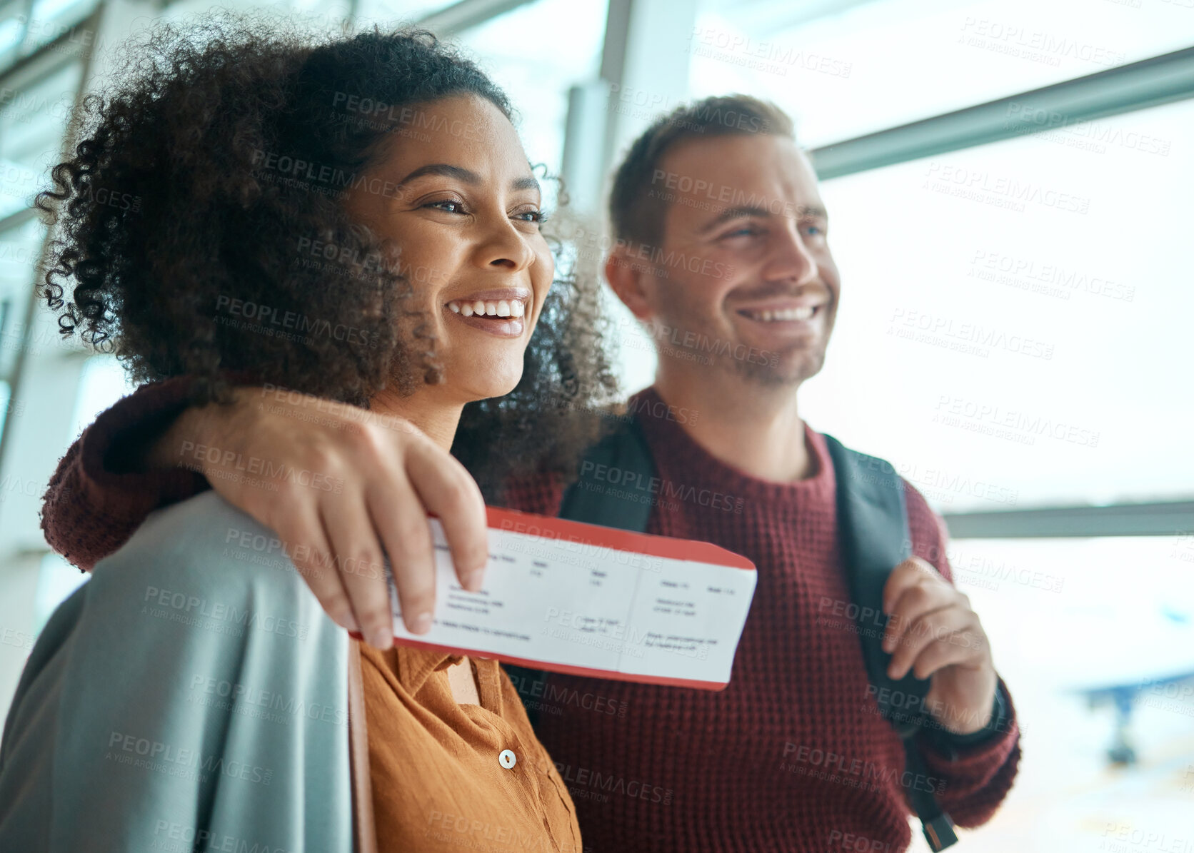 Buy stock photo Travel, airport and couple with ticket boarding international flight for happy holiday destination together. Smile, black woman and man with visa for travelling to foreign country for immigration.