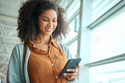 Buy stock photo Black woman at airport, travel with phone and communication and check social media with smile on face. Notification, email or chat with technology, ready for flight and happy for adventure