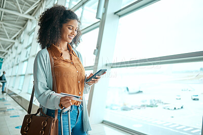 Buy stock photo Black woman at airport, travel with smartphone and flight, communication and check social media with smile. Notification, email or chat with tech, ready with plane ticket and happy for adventure