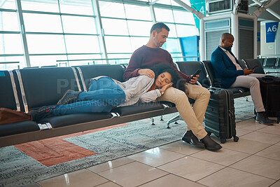 Buy stock photo Tired, delay and couple at the airport for a flight, waiting and sitting in the lounge on a phone. Immigration, relax and woman sleeping with a man reading on a mobile while traveling for holiday