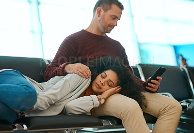 Buy stock photo Airport, woman sleep and couple waiting for airplane for holiday travel together.Tired, flight delay and luggage of man on phone and chair for a international vacation journey and global transport