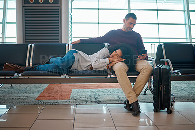 Buy stock photo Airport, sleeping woman and couple waiting for airplane for holiday travel together.Tired, flight delay and luggage of people going on a international vacation journey with suitcase on a chair