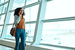 Black woman, phone call and travel with flight, communication and plane, airport with business trip or holiday. Happy, smartphone and vacation with traveling, conference or convention with technology