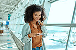 Black woman, phone call and travel with communication and plane ticket, airport with business trip or holiday. Happy, smartphone and vacation with traveling, conference or convention with technology