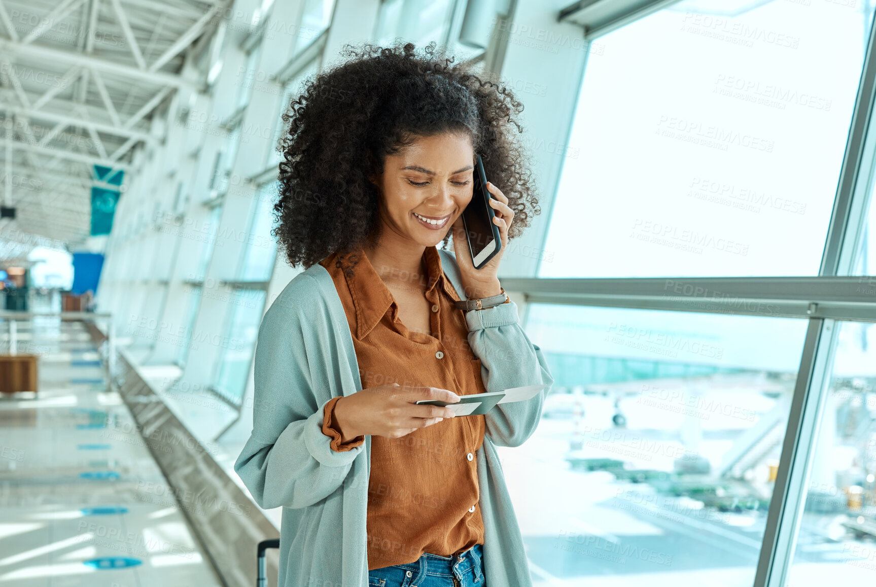 Buy stock photo Black woman, phone call and travel with communication and plane ticket, airport with business trip or holiday. Happy, smartphone and vacation with traveling, conference or convention with technology