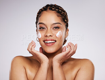 Buy stock photo Black woman, happiness and portrait of young model with facial mask, moisturizer and wellness. Studio, beauty and female with dermatology, collagen and cosmetic face cream for skin glow and self care