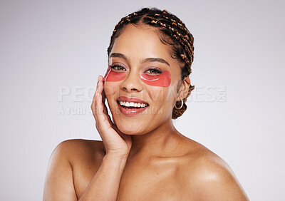 Buy stock photo Eyes, beauty mask and portrait of a black woman in studio for spa cosmetics and dermatology. Happy face of aesthetic model person on a grey background with facial collagen gel patch for skincare glow