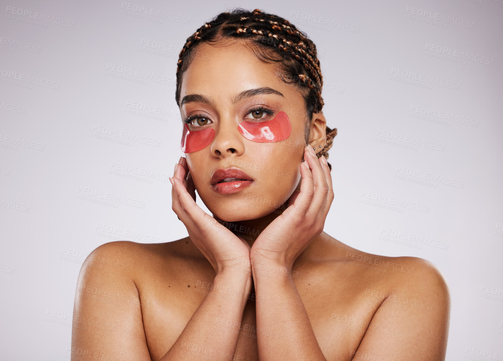 Buy stock photo Black woman, eye mask and beauty portrait with skin care, cosmetics and dermatology in studio. Face of aesthetic model person on a grey background with facial collagen gel patch for wellness glow