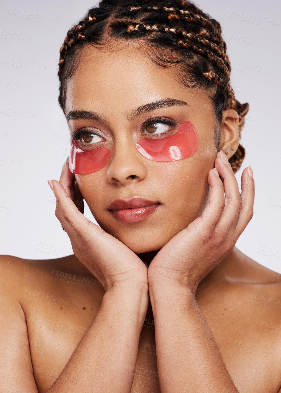 Buy stock photo Beauty, eye mask and skin care for a black woman in studio for spa cosmetics and dermatology. Face of aesthetic model person on a white background with facial collagen gel patch for wellness glow