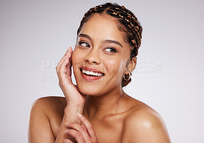 Buy stock photo Smile, face or happy woman with beauty after skincare or self care routine isolated on studio background. Headshot, beautiful or Latino girl model with natural facial treatment or grooming results