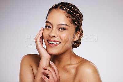 Buy stock photo Portrait, face or happy woman with beauty after skincare or self care routine isolated on studio background. Headshot, beautiful or Latino girl model with natural facial treatment or grooming results