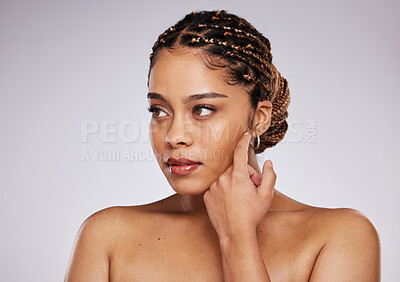 Buy stock photo Beauty, face and black woman with skincare, facial glow and cosmetic care, wellness on studio background. Natural cosmetics, hand and makeup with beautiful female, mockup and skin with dermatology