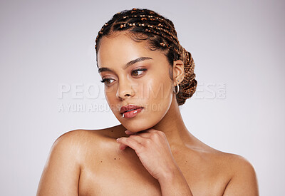 Buy stock photo Beauty, face and black woman with skincare, skin glow and cosmetic care with wellness on studio background. Natural cosmetics, hand and makeup with beautiful female, mockup space and dermatology