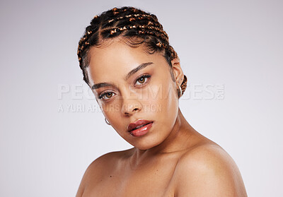 Buy stock photo Portrait, face or girl with beauty after skincare or self care routine isolated on studio background. Model headshot, relax or beautiful Latino woman with natural facial treatment or grooming results