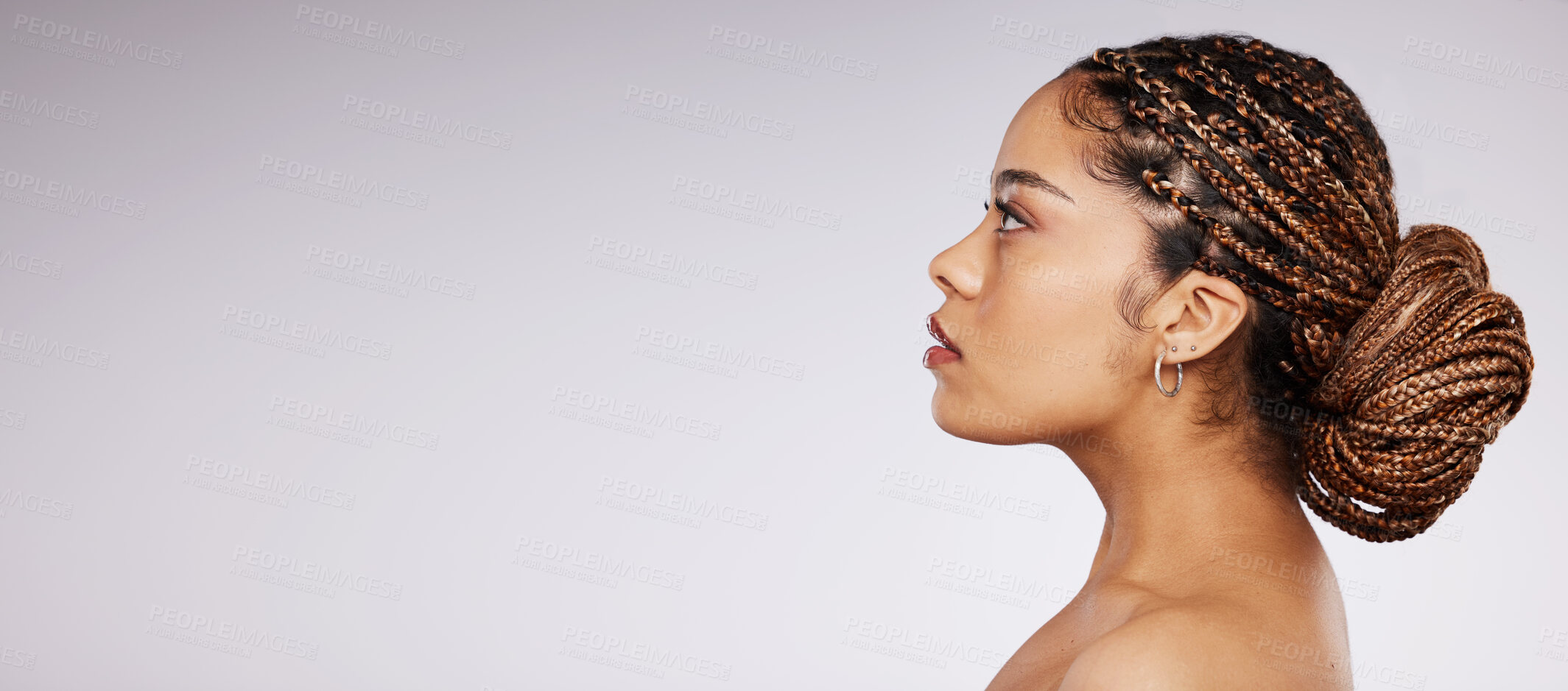 Buy stock photo Beauty, skin care and black woman thinking mockup space in studio for spa cosmetics and dermatology. Face of aesthetic model person profile on a grey background with facial collagen for wellness glow