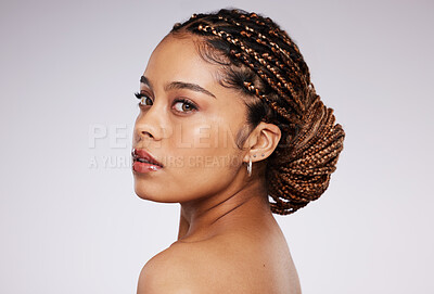 Buy stock photo Beauty, skin care and black woman portrait in studio for spa cosmetic, makeup and dermatology. Face of aesthetic model person on grey background for facial collagen product and wellness glow or shine