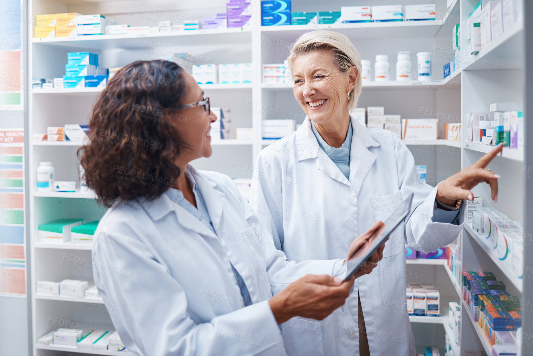 Buy stock photo Doctors, tablet and pharmacist check stock in pharmacy, drugstore or medication shop. Medicine, technology and medical teamwork of happy senior women with touchscreen for checking product inventory.