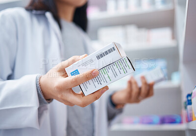 Buy stock photo Pharmacy, healthcare and hands of pharmacist with medicine, pills and medication for medical prescription. Wellness, pharmaceutical service and woman or doctor with drugs, vitamins and product box.