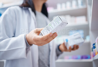 Buy stock photo Healthcare, pharmacy and hands of pharmacist with medicine, pills and medication for medical prescription. Wellness, pharmaceutical service and woman or doctor with drugs, supplements and product box