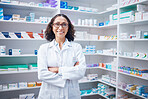 Senior woman, portrait and pharmacist with arms crossed in pharmacy, drugstore or shop. Healthcare, wellness and happy, proud and confident elderly female medical professional or doctor from Canada.