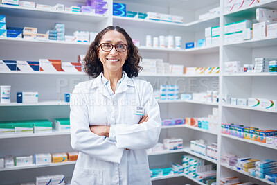 Buy stock photo Senior woman, portrait and pharmacist with arms crossed in pharmacy, drugstore or shop. Healthcare, wellness and happy, proud and confident elderly female medical professional or doctor from Canada.