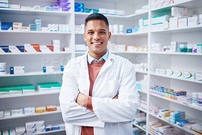 Buy stock photo Portrait, man and pharmacist with arms crossed in pharmacy or drugstore. Healthcare, wellness and happy, proud and confident smile of male medical professional, expert or doctor from Canada in shop.