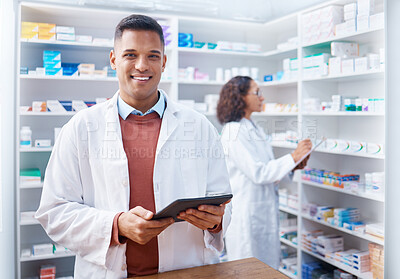 Buy stock photo Tablet, man and portrait of pharmacist in pharmacy for healthcare stock or online consultation. Medication research, telehealth technology and happy male medical doctor with touchscreen in drugstore.
