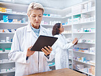 Tablet, senior woman and pharmacist in pharmacy for healthcare and stock check in shop. Medication research, telehealth technology and elderly female and medical doctor with touchscreen in drugstore.