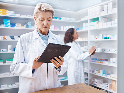 Buy stock photo Tablet, senior woman and pharmacist in pharmacy for healthcare and stock check in shop. Medication research, telehealth technology and elderly female and medical doctor with touchscreen in drugstore.