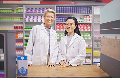 Buy stock photo Pharmacist service, portrait and women teamwork, professional help desk employees and medicine support. Friendly pharmacy doctors or diversity medical people in pharmaceutical healthcare with a smile