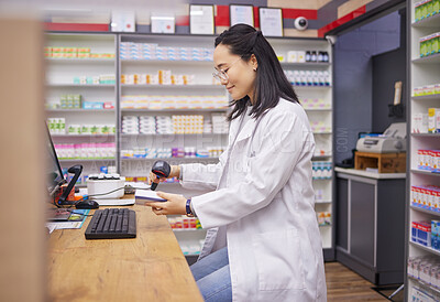 Buy stock photo Pharmacy, help and asian woman at checkout counter for prescription drugs scanning medicine. Healthcare, pills and pharmacist from Japan with medical product in box and digital scanner in drugstore.
