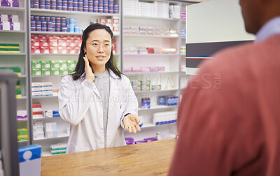 Buy stock photo Pharmacy, help desk and pharmacist woman with customer service for neck pain, thyroid or medical support. Medicine, pharmaceutical and healthcare doctor or asian person muscle advice to sick client