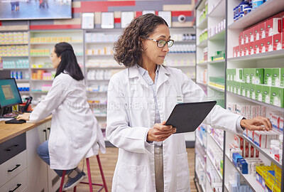 Buy stock photo Pharmacy product, tablet and pharmacist woman for medicine management, stock research and inventory. Digital technology, retail logistics and healthcare doctor or person with pharmaceutical database