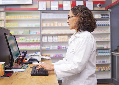 Buy stock photo Order, consultation and pharmacist typing on a computer for an email, communication and medicine. Healthcare, medical and woman on a hospital pc for information on pills, health and consulting