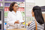 Pharmacy, woman customer and medicine for healthcare stock mockup in store for retail. Pharmacist doctor talking to patient for advice or info box or Pharma product for medical service and health