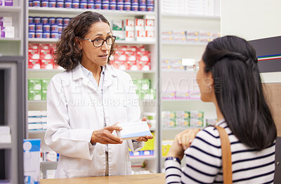 Buy stock photo Pharmacy, woman customer and medicine for healthcare stock mockup in store for retail. Pharmacist doctor talking to patient for advice or info box or Pharma product for medical service and health