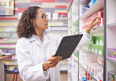 Buy stock photo Pharmacy medicine, tablet and pharmacist woman for product management, stock research and inventory. Digital technology, retail logistics and expert, healthcare doctor or person on ecommerce software