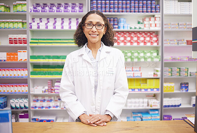 Buy stock photo Pharmacy, pills and portrait of a woman pharmacist ready for customer service. Pharmaceutical store, medicine inventory and healthcare drug shelves with a happy employee feeling proud of dispensary 