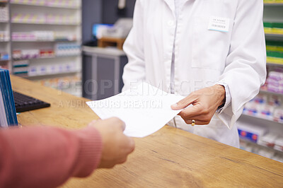 Buy stock photo Pharmacy paper, woman hand and customer with prescription and medical bill for payment. Healthcare store, pharmacist and wellness worker holding a survey for pharmaceutical information survey