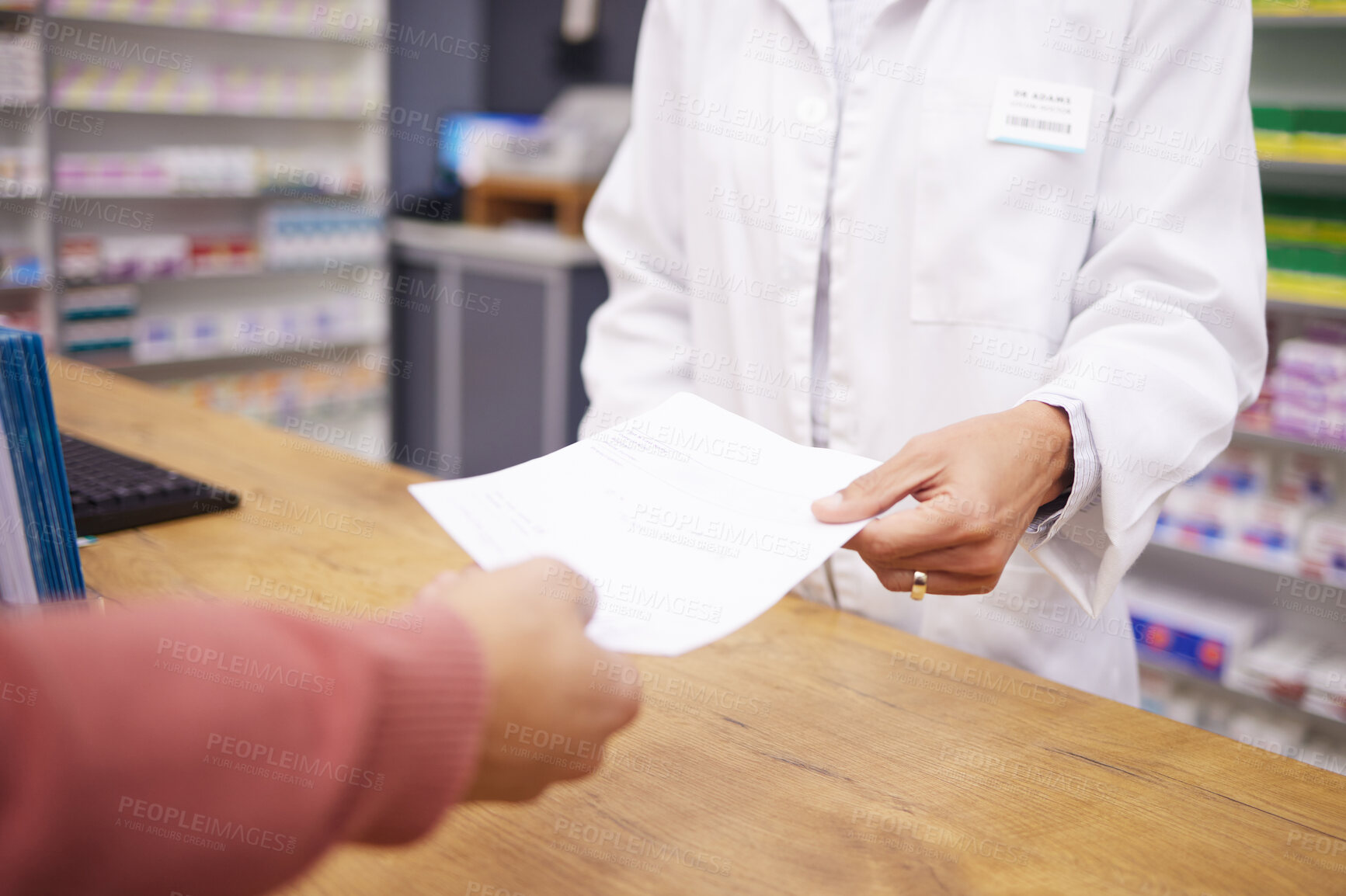 Buy stock photo Pharmacy paper, woman hand and customer with prescription and medical bill for payment. Healthcare store, pharmacist and wellness worker holding a survey for pharmaceutical information survey