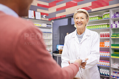 Buy stock photo Service, medical and pharmacist with medicine for a man for healthcare product at a pharmacy. Smile, help and clinic woman giving a patient pills for an illness, flu or cold while working in health