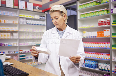 Pharmacy, medicine and woman reading prescription paper in store with mockup healthcare shelf. Pharmacist or doctor check info on Pharma product box for medical prescription, health and wellness