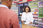 Pharmacy, woman scanning medicine and customer at checkout counter for prescription drugs pruchase. Healthcare, pills and pharmacist with medical product in box and digital scanner in drugstore.