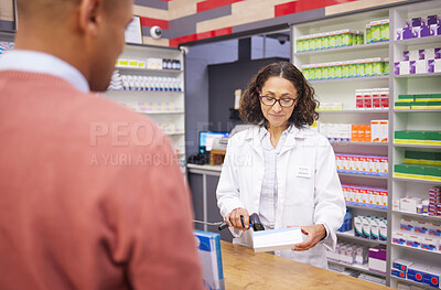 Buy stock photo Pharmacy, woman scanning medicine and customer at checkout counter for prescription drugs pruchase. Healthcare, pills and pharmacist with medical product in box and digital scanner in drugstore.