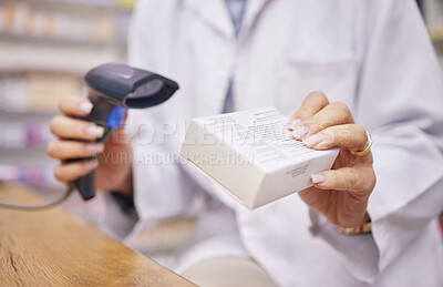 Buy stock photo Pharmacy, hands and woman scanning medicine at checkout counter for prescription drugs. Healthcare, pills and helpful pharmacist with medical product in box and digital scanner in retail drugstore.