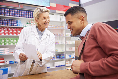 Buy stock photo Pharmacy, insurance information and customer with senior woman pharmacist talking. Pharmaceutical consulting, prescription info and healthcare worker conversation for health and wellness check