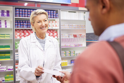 Service, consulting and pharmacist with medicine for a man for healthcare at a pharmacy. Medical, help and clinic woman giving a patient pills for an illness, flu or cold while working in health